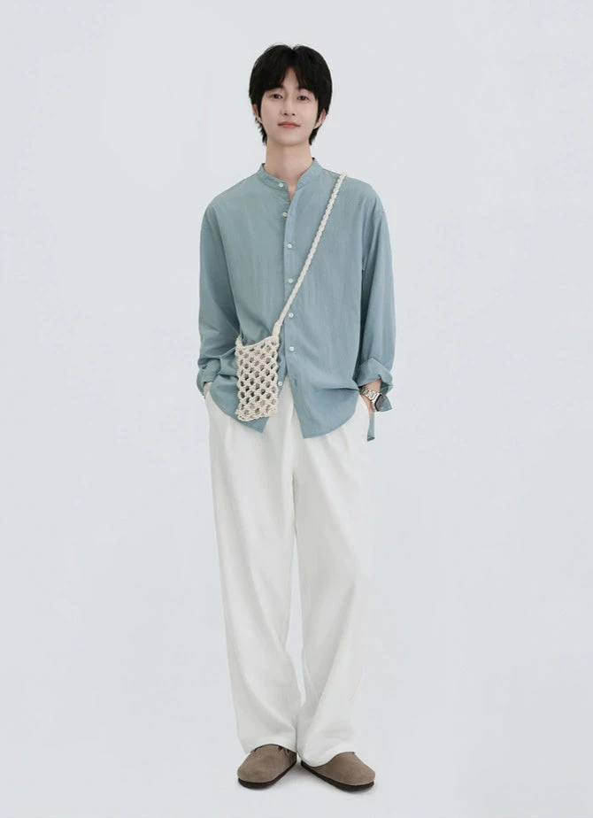 Oversized Long Sleeve Band Collar Button-Up Shirt 4 Oversized Long Sleeve Band Collar Button-Up Shirt - Image 4