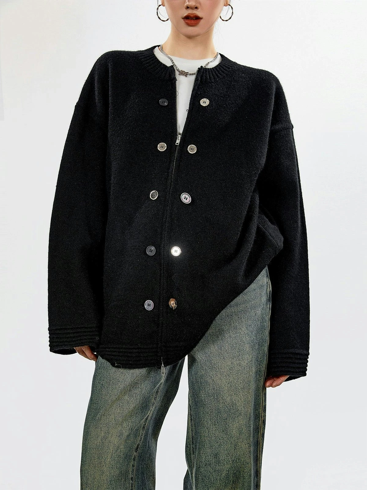 Ribbed Trim Zip-up Cardigan With Button Details 14 Ribbed Trim Zip-up Cardigan With Button Details - Image 14