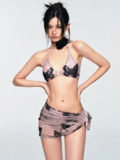 Butterfly-Print Bikini With Sheer Wrap Skirt Set