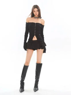 Off-Shoulder Ribbed Crop Top With Pearl Button Detail -Modern Wear Shop 7198cbfb536b348080f0fd0d6ad2daf2