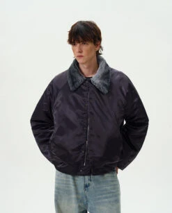 Contrast Faux Fur Collar Glossy Snap Button Bomber Jacket -Modern Wear Shop 72ac373e66dbe00709f9379d89524c29