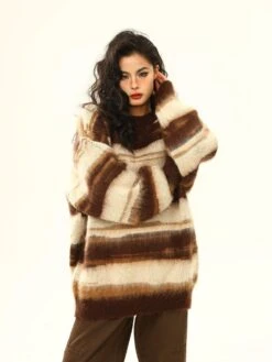 Striped Oversized Drop Shoulder Fuzzy Sweater -Modern Wear Shop 72deb8a9f6067d64762f03f2bb286522