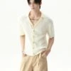 Cable Knit Button-Up Short Sleeve Shirt With Open Collar