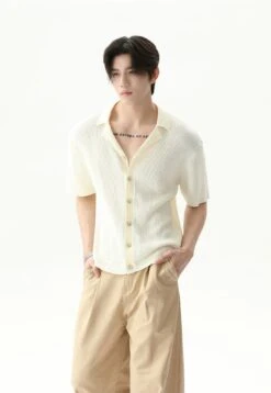 Cable Knit Button-Up Short Sleeve Shirt With Open Collar