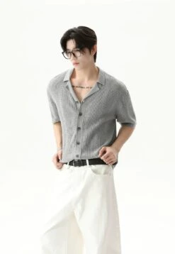 Cable Knit Button-Up Short Sleeve Shirt With Open Collar -Modern Wear Shop 7307c53a69b9e63785723aa0a0bb95ce