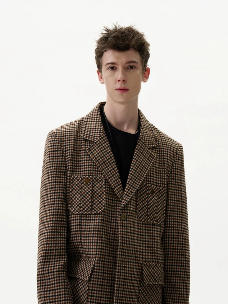 Checker Pattern Single-Breasted Blazer Jacket 6 Checker Pattern Single-Breasted Blazer Jacket - Image 6