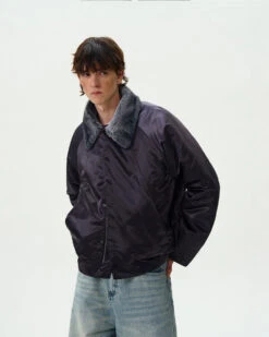 Contrast Faux Fur Collar Glossy Snap Button Bomber Jacket -Modern Wear Shop 7397d6ccfcdb4e54048b2b0476c91e88