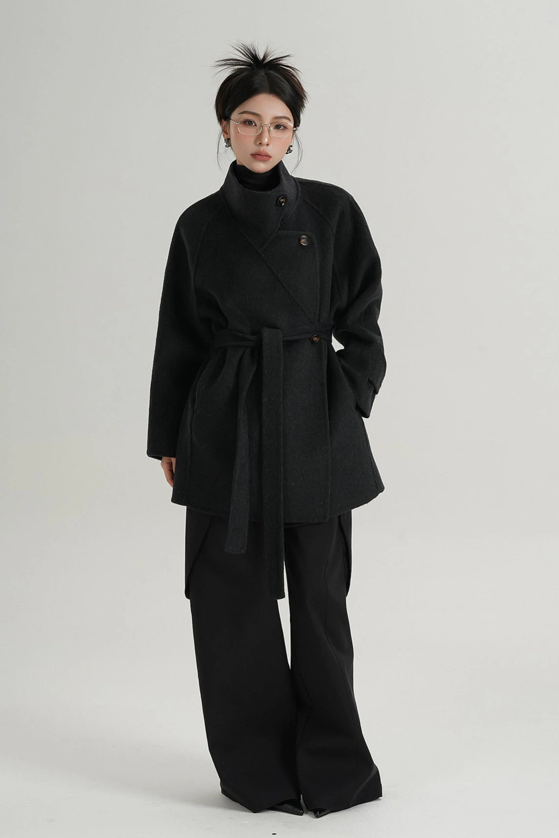 High Collar Asymmetric Button Coat With Belt 6 High Collar Asymmetric Button Coat With Belt - Image 6