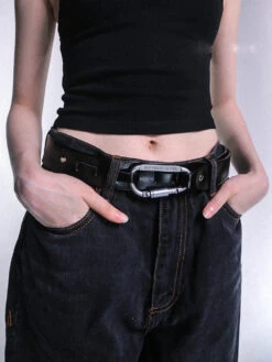 Faux Leather Belt With Metal Buckle And Carabiner Loop