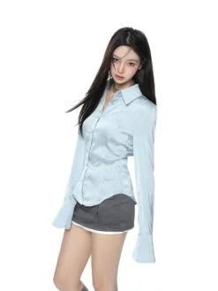 Pinstripe Satin Button-Up Shirt With Flare Long Sleeve 11 Pinstripe Satin Button-Up Shirt With Flare Long Sleeve -Modern Wear Shop 74a68793766e6d1910cc03deb1194c0a