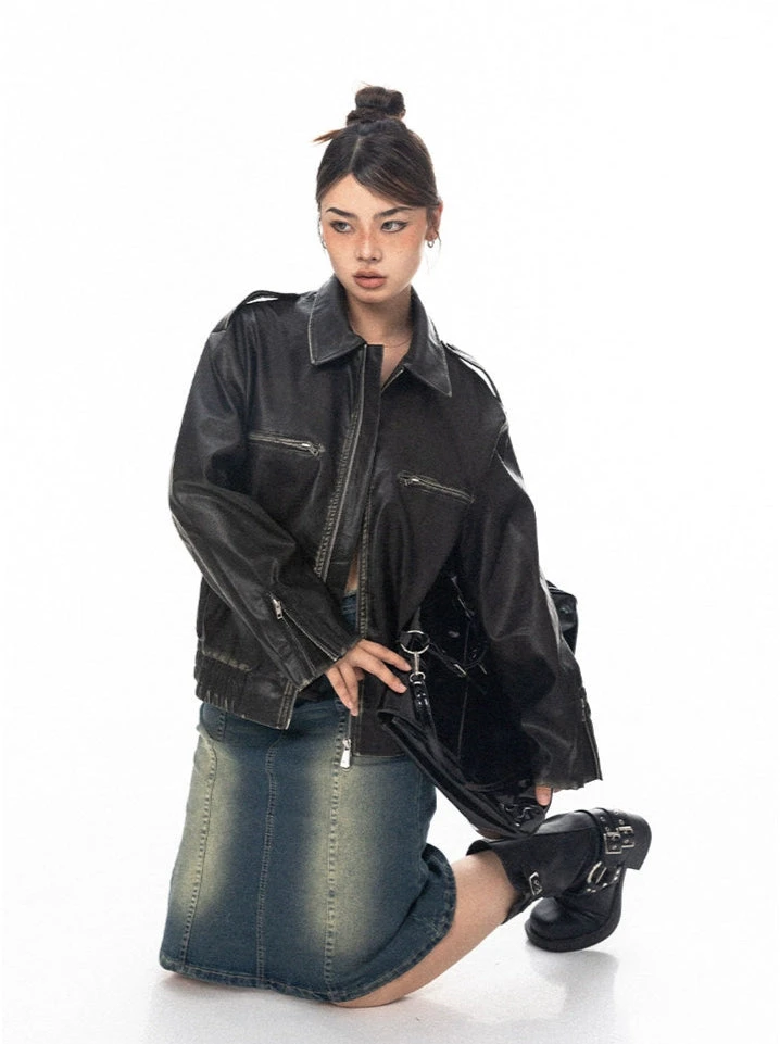 Vintage Faux Leather Stitch-Detail Jacket With Front Zip Pockets 7 Vintage Faux Leather Stitch-Detail Jacket With Front Zip Pockets - Image 7