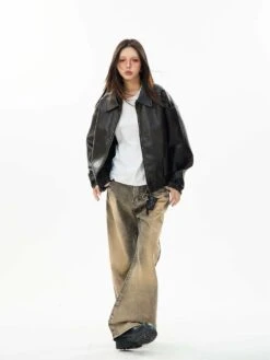 Faux Leather Bomber Jacket With Elastic Cuffs And Hem -Modern Wear Shop 74f9eeb61550eda1e3faac0f7d0be6b1