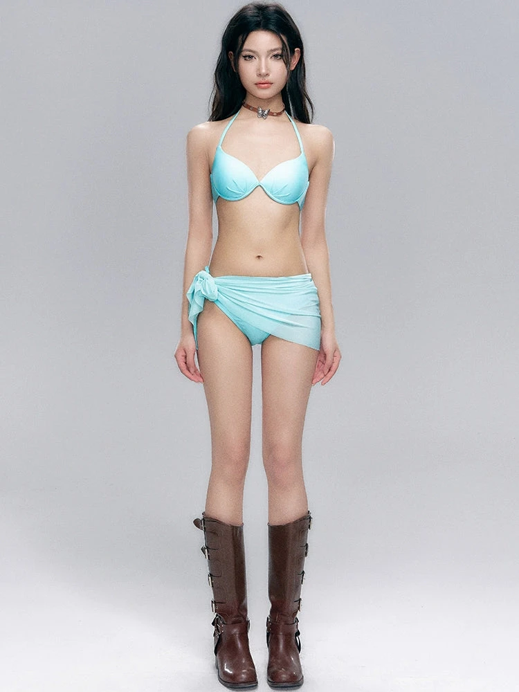 Halterneck Bikini With Sheer Wrap Sarong Skirt 1 Halterneck Bikini With Sheer Wrap Sarong Skirt