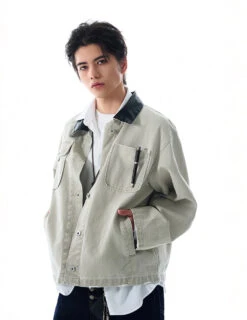 Faux Leather Collar Distressed Denim Worker Jacket -Modern Wear Shop 753b86230da41c85baf61d831dcdb6a4