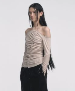 Asymmetric Ruched Off-Shoulder Long Thumbhole Sleeve Top -Modern Wear Shop 7580207fbe48592b03f66bc13f39b6b5