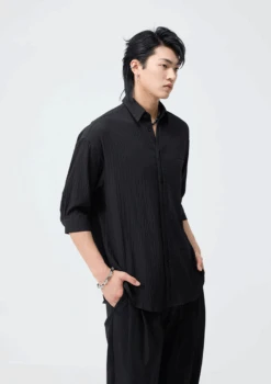 Crinkle Oversized Cropped-Sleeve Button-Up Shirt -Modern Wear Shop 75f2d6f9098c6c0374722790d012f1b0