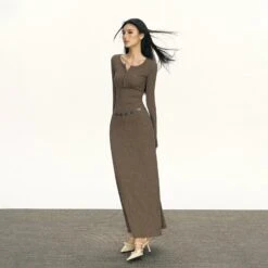 Half Button Long Sleeve Ribbed Maxi Dress -Modern Wear Shop 76205ed84f99b60011d043a8e97a7ee8