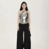 Metallic Asymmetric Cut-Out Halter Neck Crop Top