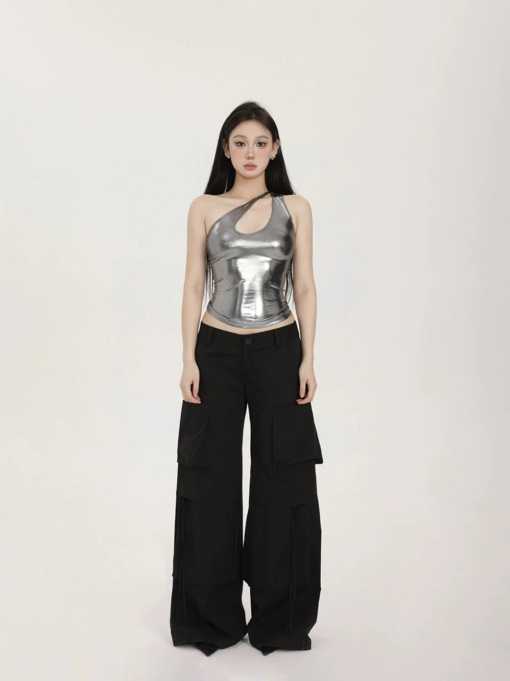 Metallic Asymmetric Cut-Out Halter Neck Crop Top 1 Metallic Asymmetric Cut-Out Halter Neck Crop Top