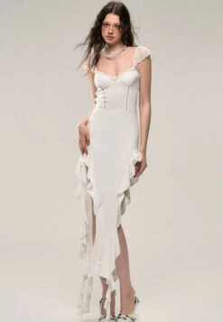 Ruffle Hem Sheer Sleeve Ruched Midi Dress With Flower Accent 13 Ruffle Hem Sheer Sleeve Ruched Midi Dress With Flower Accent -Modern Wear Shop 769fd3f7daa7988d48053750b1c866f6