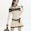 Contrast Trim Off-Shoulder Knit Midi Dress With Double Belt Detail