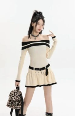 Contrast Trim Off-Shoulder Knit Midi Dress With Double Belt Detail
