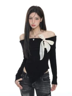 Pointed Hem Off-Shoulder Ribbed Top With Bow Detail -Modern Wear Shop 76ac11eae4bb314bdd2c09b33150f800