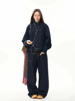 Oversized Contrast Stitch Denim Zip Jacket 26 Oversized Contrast Stitch Denim Zip Jacket -Modern Wear Shop 76b270edba3acf35d34678ef04dfcfb7