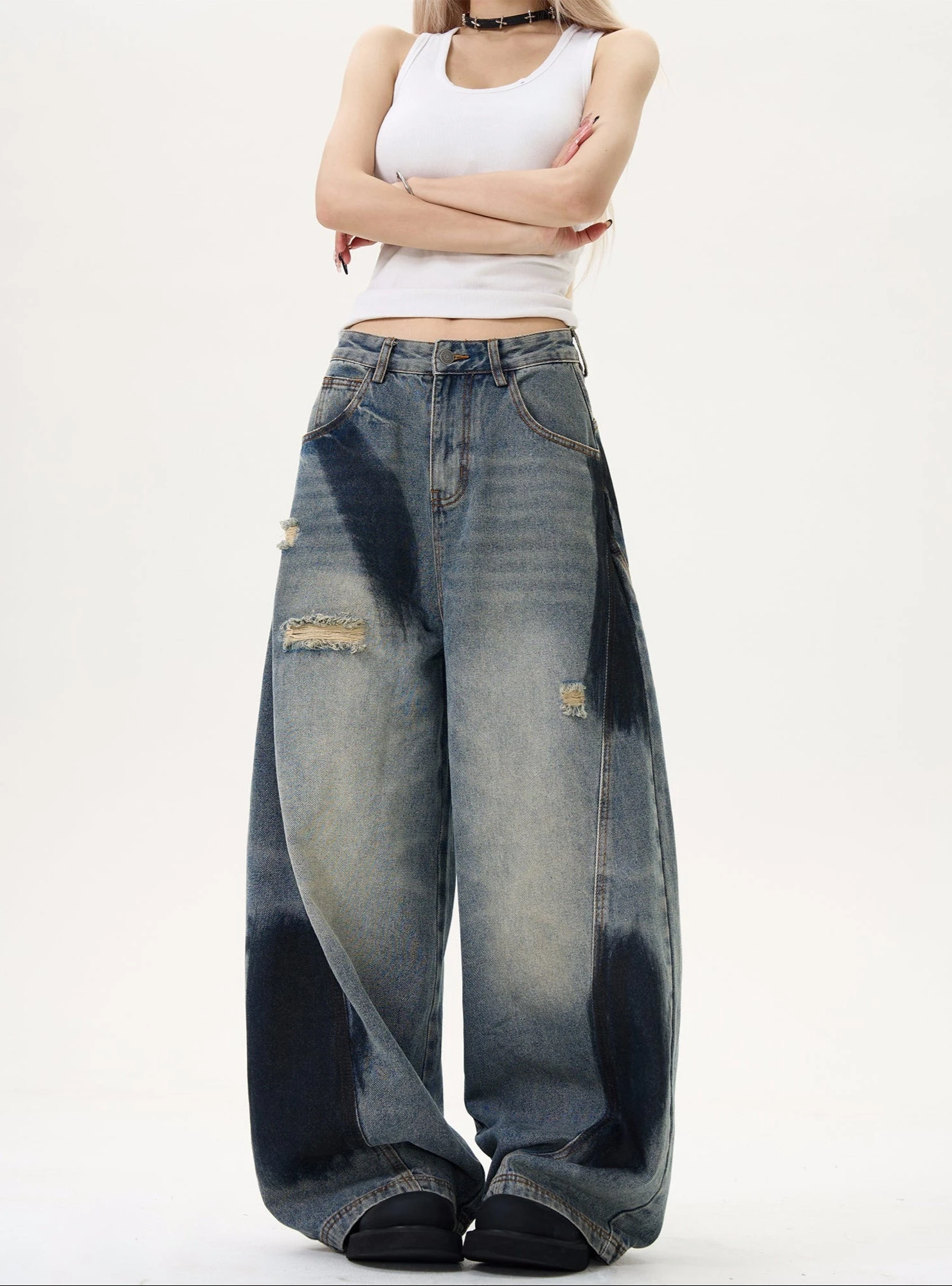 Wide Leg Distressed Denim Pants With Bleach Wash Details 1 Wide Leg Distressed Denim Pants With Bleach Wash Details