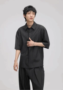 Pinstripe Drop Shoulder Half-Button Collared Shirt -Modern Wear Shop 76e5fa54d26c9d944754319297b0db2b