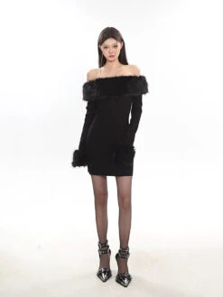 Off-Shoulder Faux Fur Trim Mini Dress -Modern Wear Shop 76e7d07323015f31bda233ed0bd72a38
