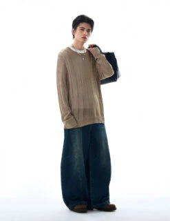 Ribbed Trim Sheer Textured Long Sleeve Knit Top -Modern Wear Shop 7744c3f781aee45c292d4c9e0092d056