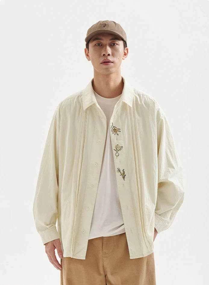 Pleated Button Down Long Sleeve Shirt With Embroidery Detail 7 Pleated Button Down Long Sleeve Shirt With Embroidery Detail - Image 7