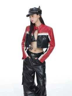 Racer Color-Block Cropped Leather Zip Jacket -Modern Wear Shop 77a617ff815e2c8d9c21423216ac7fba