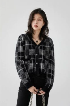 Fuzzy Plaid Cardigan With Pearl Buttons -Modern Wear Shop 77aad0679895c5c5bd87c73c87e49424