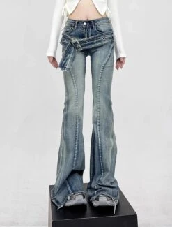 Layered-Effect Denim Flare-Leg Jeans With Grommet Belt Detail