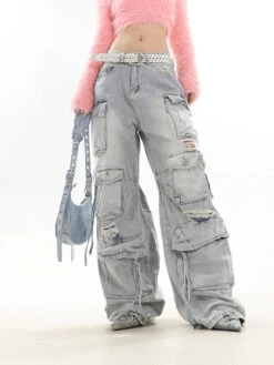 Distressed Wide-Leg Denim Cargo Jean Pants -Modern Wear Shop 77eae4907947e8af1bd9fed8522bc16a