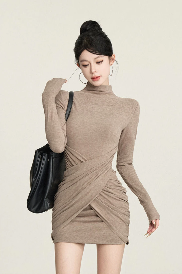 Turtleneck Ruched Criss Cross Long Sleeve Mini Dress 3 Turtleneck Ruched Criss Cross Long Sleeve Mini Dress - Image 3