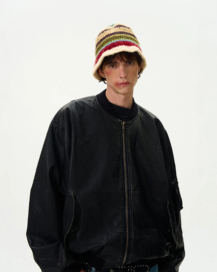 Oversized Distressed Faux Leather Bomber Jacket With Sleeve Pocket 9 Oversized Distressed Faux Leather Bomber Jacket With Sleeve Pocket - Image 9