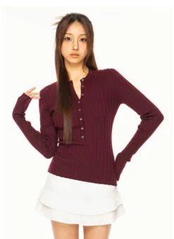 Ribbed Henley Long Sleeve Knit Top With Button Detail -Modern Wear Shop 783f9e0de20f7064c2282392ec5b3f28