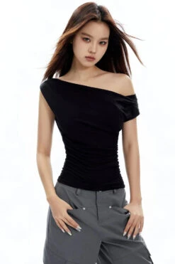Asymmetrical Neckline Ruched Jersey Top -Modern Wear Shop 78540ccab59bc2a14a1d7ff3b9102cbd