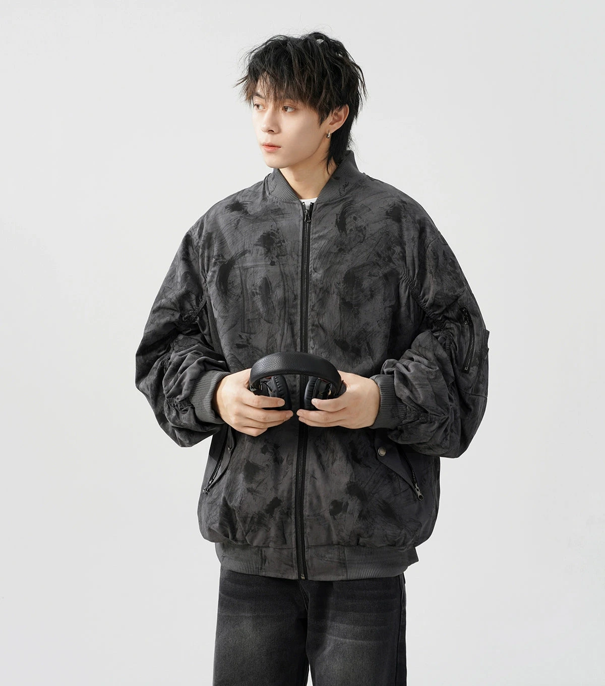 Abstract Print Bomber Jacket With Ruched Sleeve 8 Abstract Print Bomber Jacket With Ruched Sleeve - Image 8