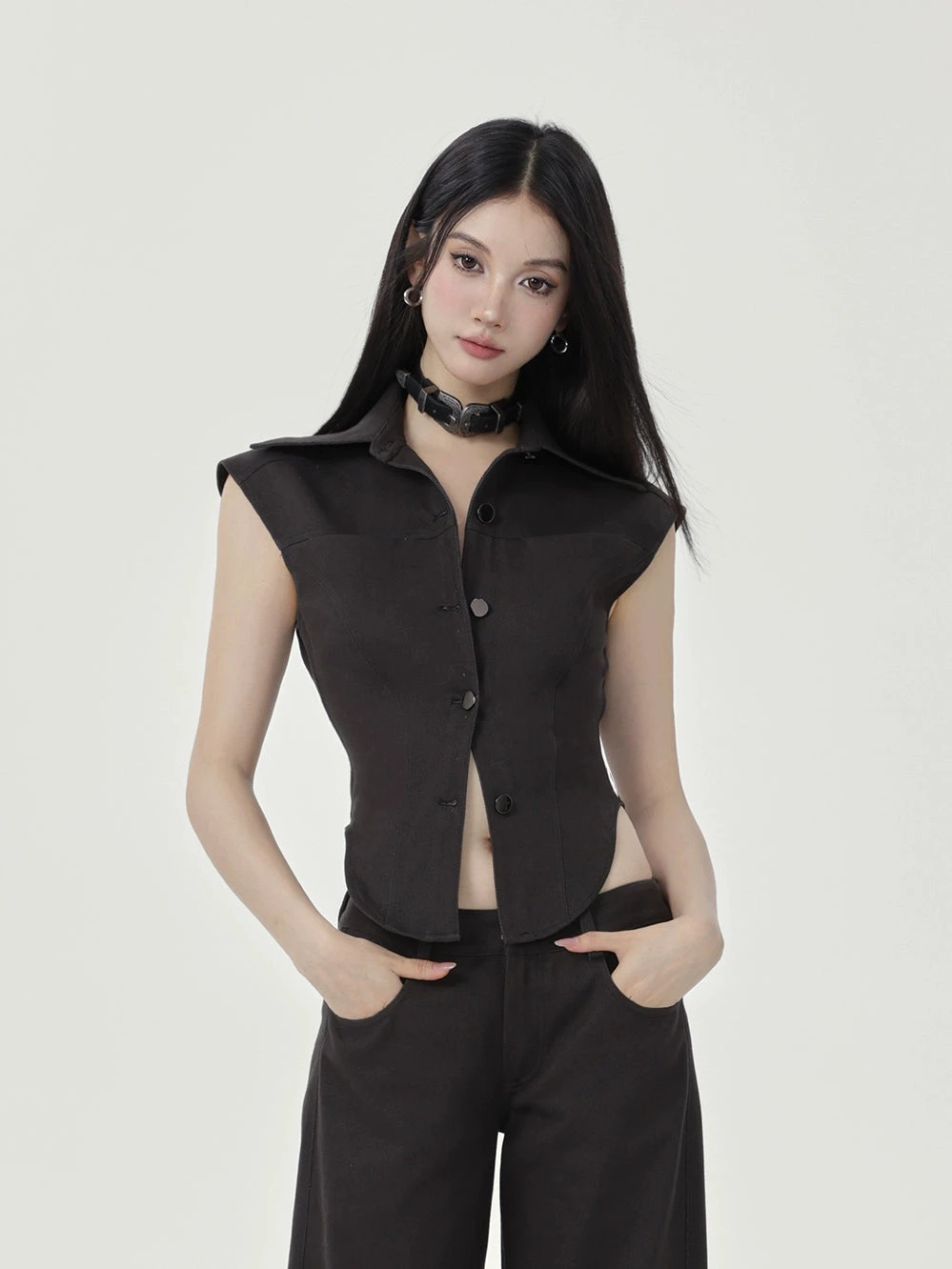 Sleeveless Collared Button-Up Waistcoat Top 3 Sleeveless Collared Button-Up Waistcoat Top - Image 3