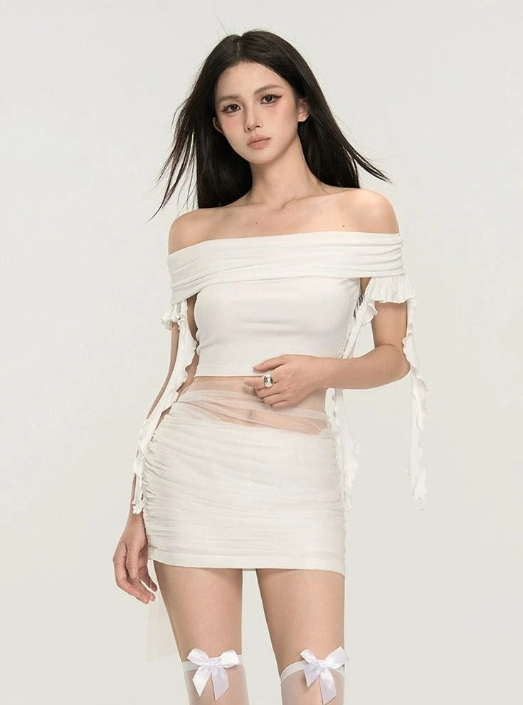 Off-Shoulder Ruched Crop Top With Tie Sleeves 8 Off-Shoulder Ruched Crop Top With Tie Sleeves - Image 8