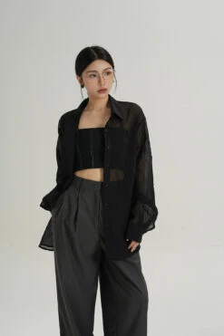 Sheer Wave Texture Long Sleeve Button Top -Modern Wear Shop 78e42b25d0534170a0067aad9c908662