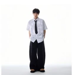 Oversized Stripe Short Sleeve Button Shirt With Chest Pockets -Modern Wear Shop 7930fcf0c4012979bd6698eebcb61e4a