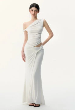 One Shoulder Asymmetric Ruched Top And Twist Wrap Maxi Skirt Two-Piece Set