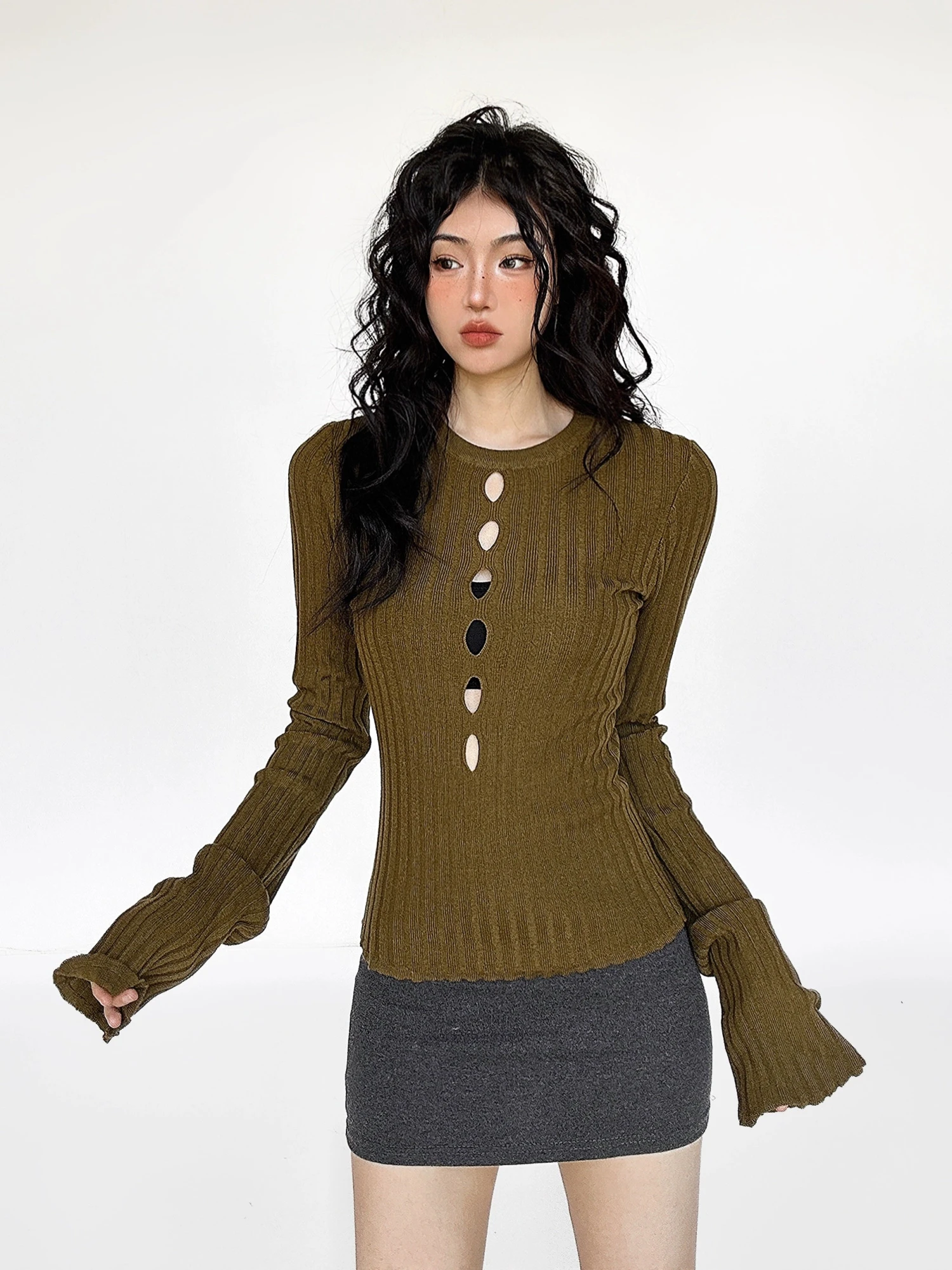 Flare Long Sleeve Ribbed Knit Top With Cutouts 9 Flare Long Sleeve Ribbed Knit Top With Cutouts - Image 9