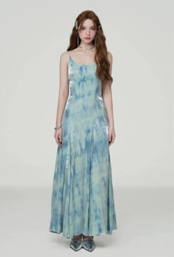 Iridescent Tie-Dye Spaghetti Strap Flared Maxi Dress