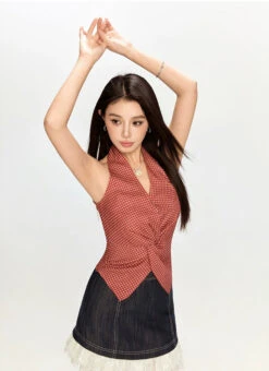 Gingham Front Twist Halter Top With Asymmetric Hem -Modern Wear Shop 79ba274af4279ba474d660a5ab439da2